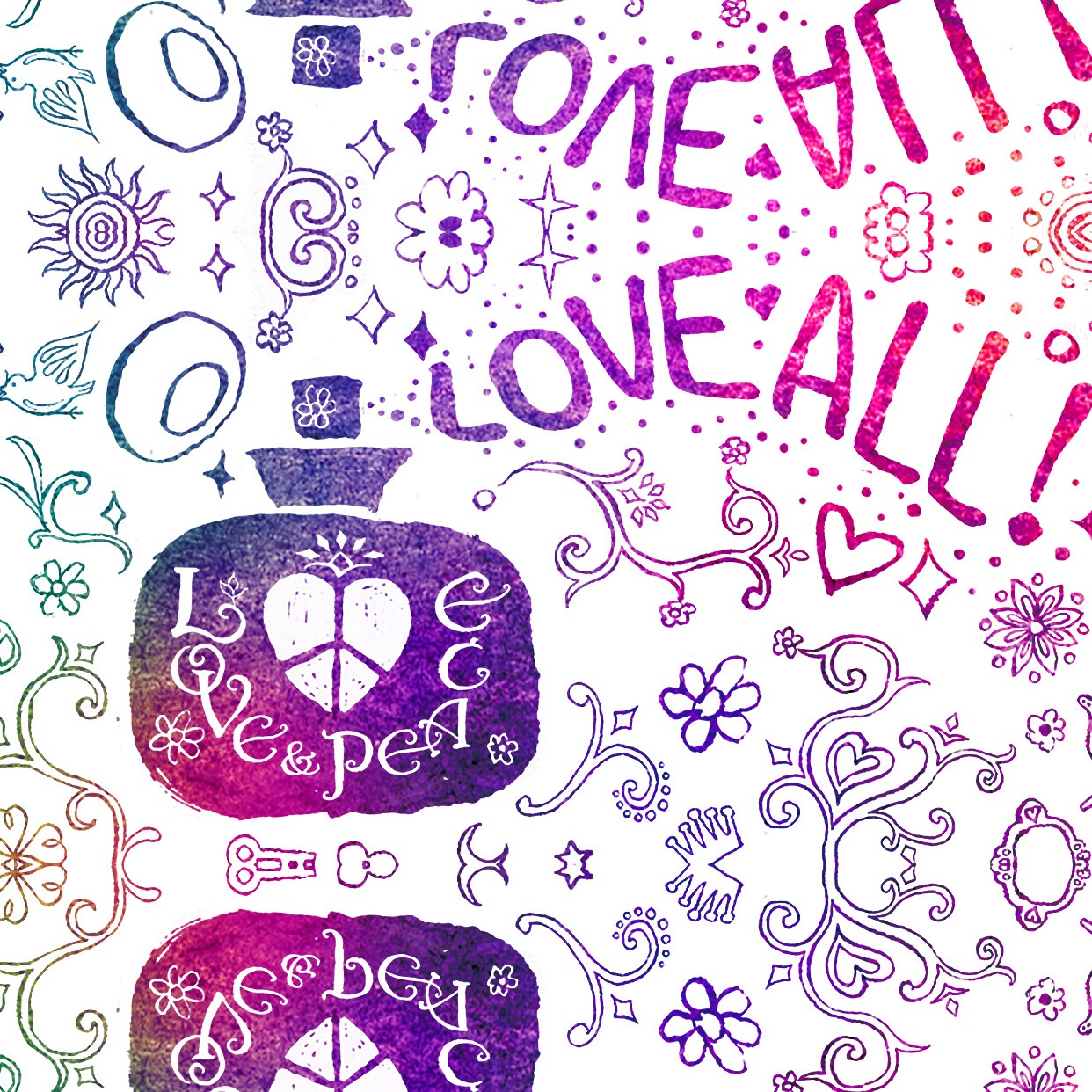 LOVE＆PEACEの香水のイラストとLOVE ALL!という文字が虹色で描かれています。