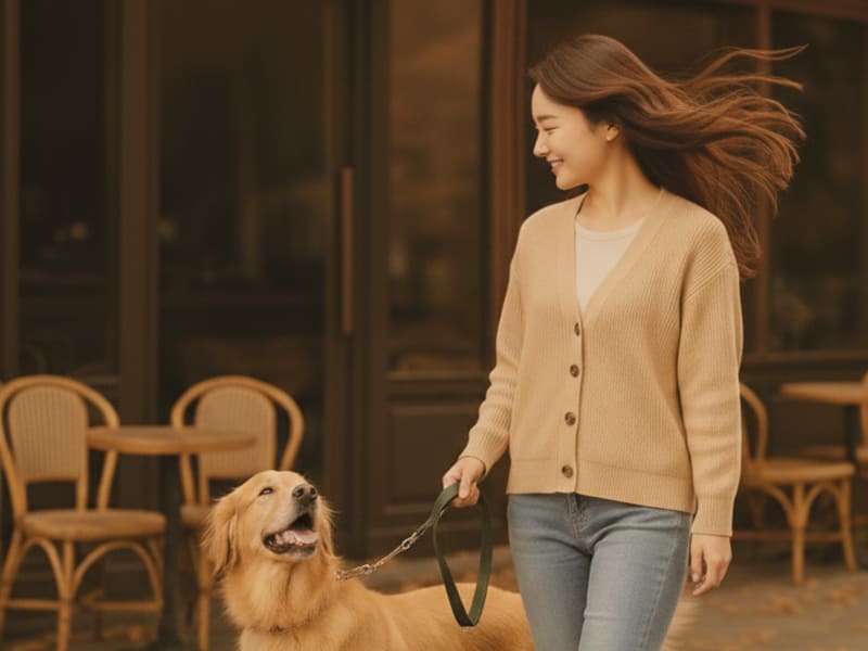 ゴールデンレトリバーの散歩をしている若い女性の画像。女性のロングヘアが風になびいている。