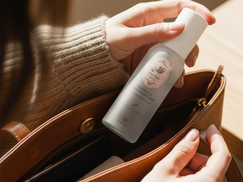 カバンからヘア＆ボディミストを取り出している女性の手元画像