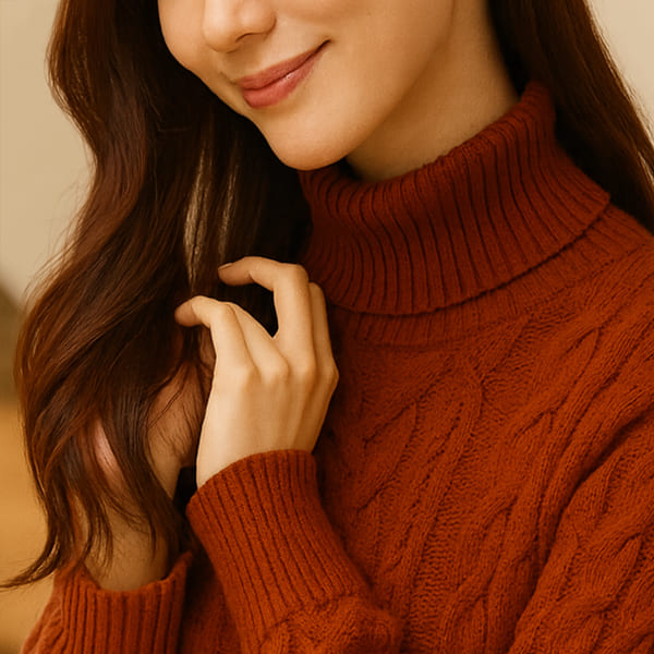 肩にかかったロングヘアを触っている女性