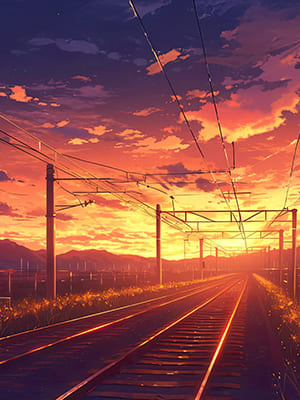 夕暮れで空がオレンジ色に染まっている線路沿いのイラスト。黄昏。