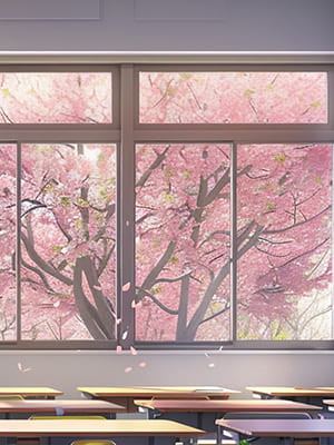 教室の窓から桜の木が見える春のイラスト