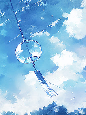 青空を背景に風鈴が揺れている夏のイラスト