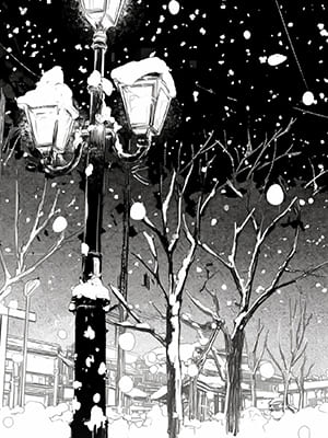 雪が降っている冬のイラスト。街灯や街路樹に雪が積もっている。